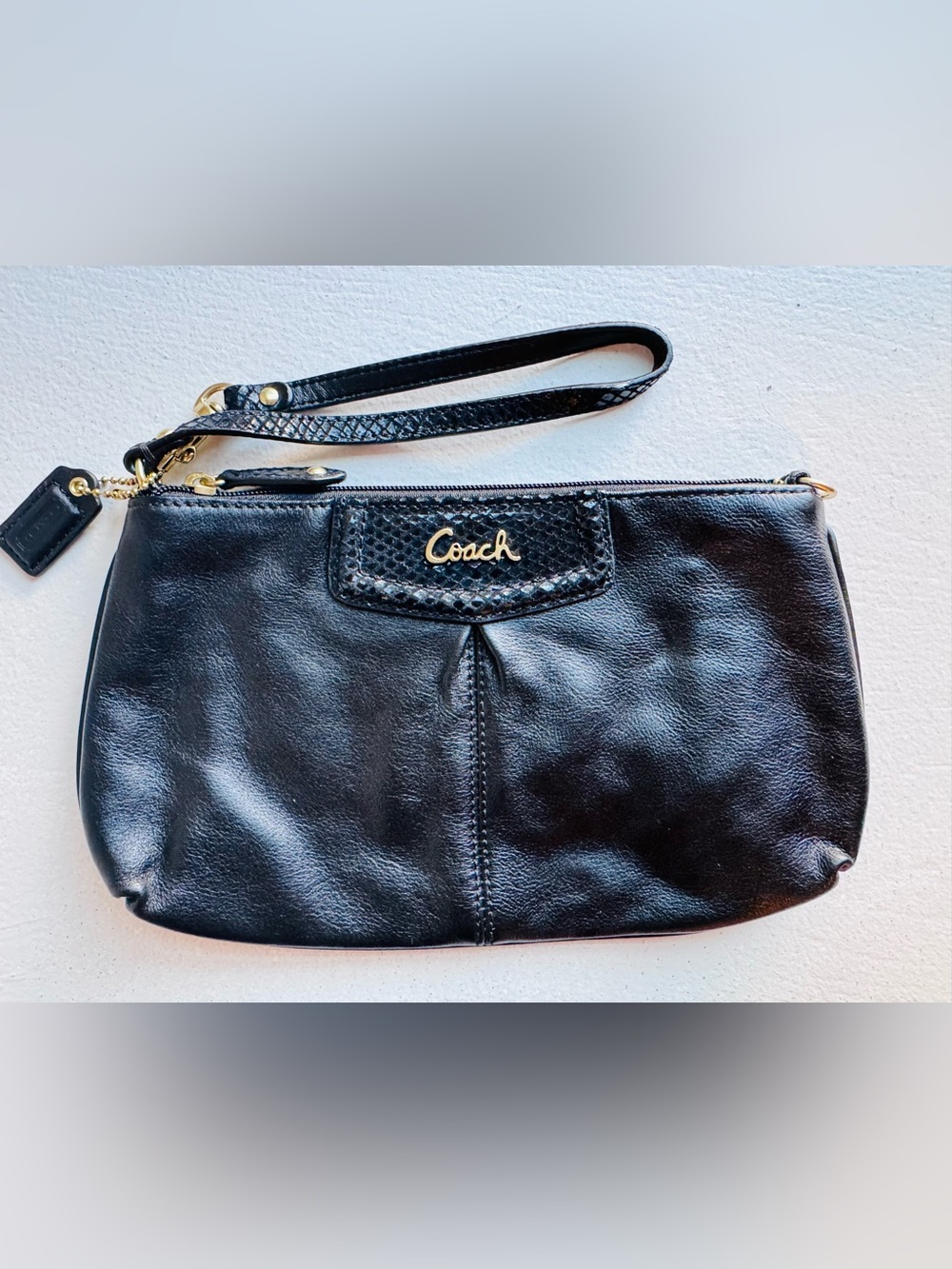 Coach Black Leather Wristlet with Gold Logo